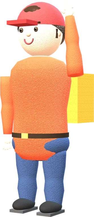 Delivery Guy waving, with a yellow courier crate on his back