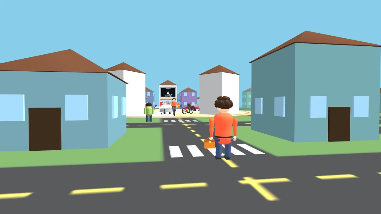 Delivery Guy walking through the city toward the plaza
