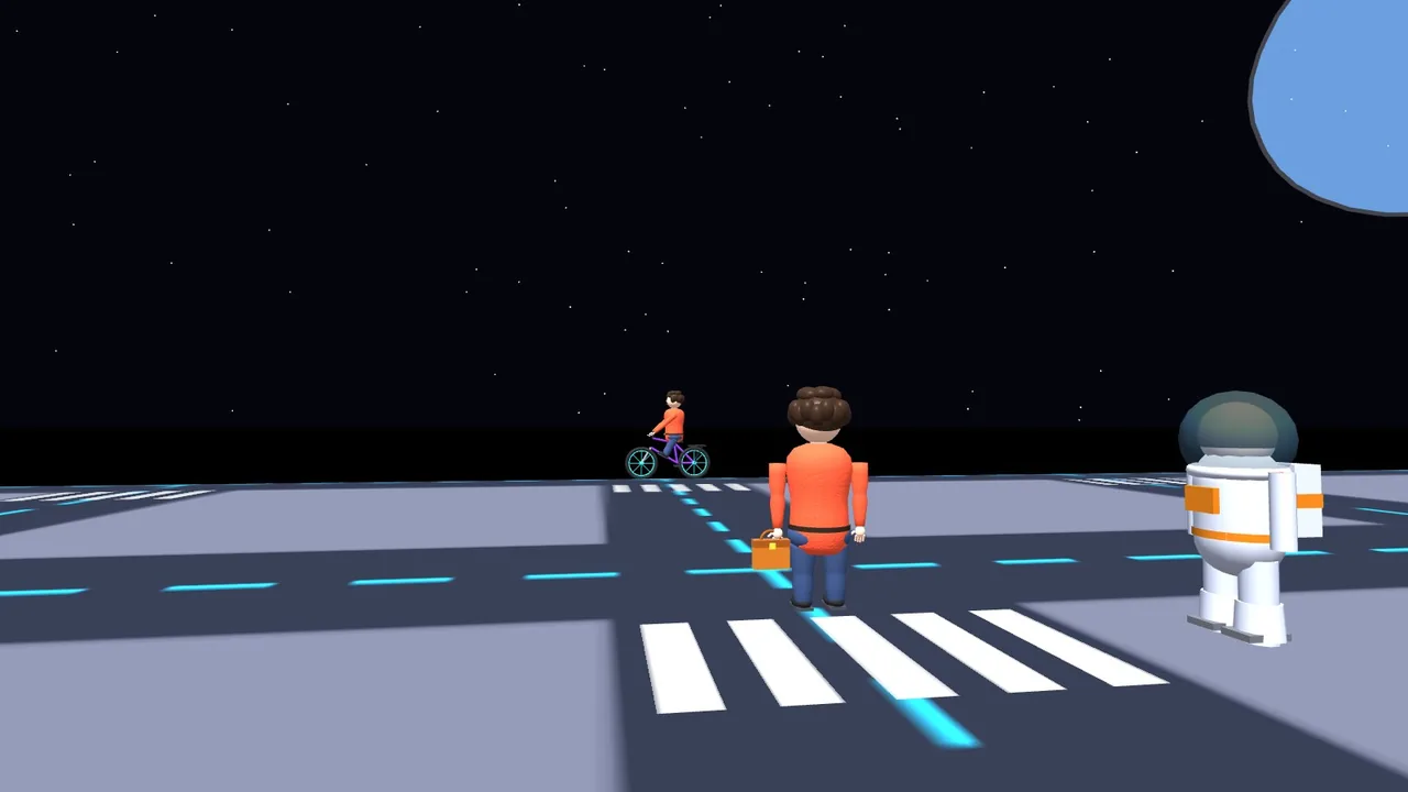 Delivery Guy on the Moon colony with an astronaut and neon roads